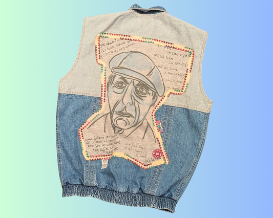 Handmade, Upcycled Leonard Cohen Denim Jacket/Vest Size L