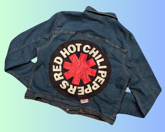 Handmade, Upcycled Red Hot Chilli Peppers Denim Jacket Size L