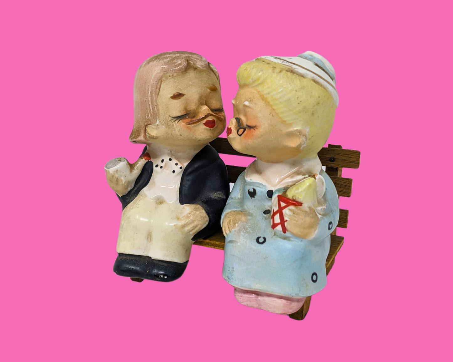 Vintage 1960's Japan Set of Salt and Pepper Shakers, Kissing Couple on a Bench