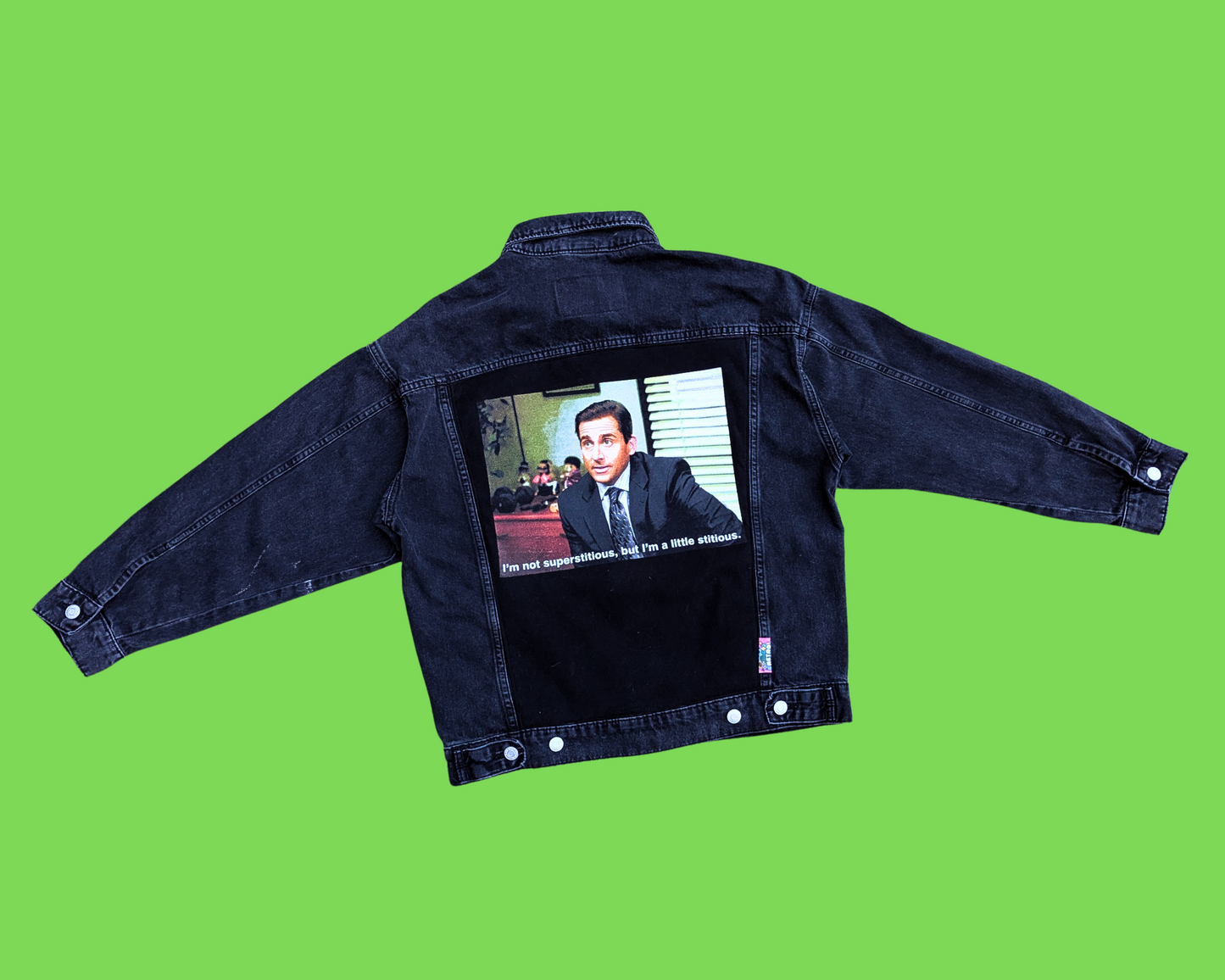 Veste en jean Michael Scott, fabriquée à la main et recyclée, taille XS (convient plutôt à une taille ML)