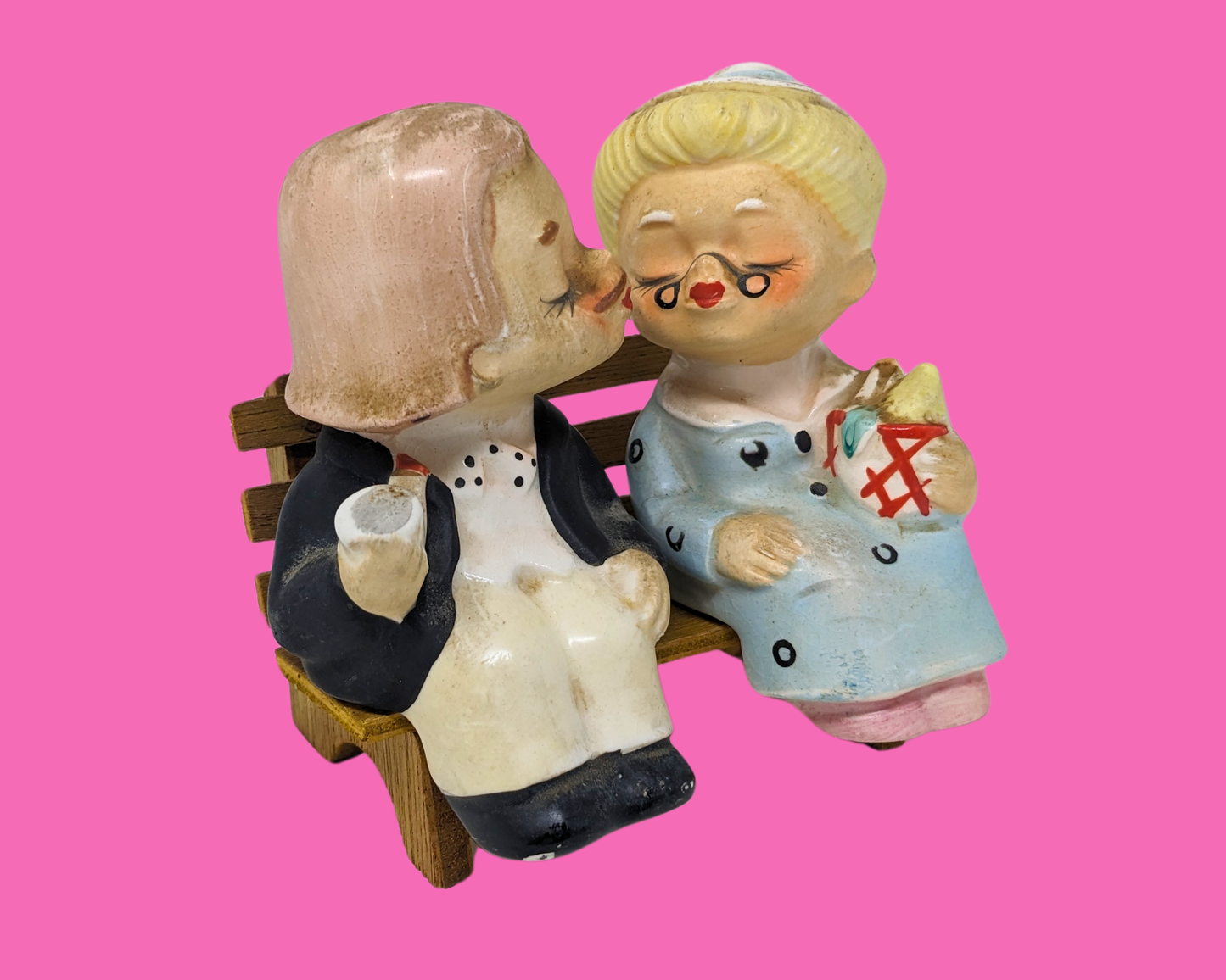 Vintage 1960's Japan Set of Salt and Pepper Shakers, Kissing Couple on a Bench