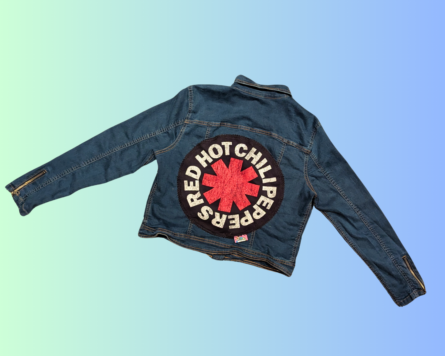 Handmade, Upcycled Red Hot Chilli Peppers Denim Jacket Size L