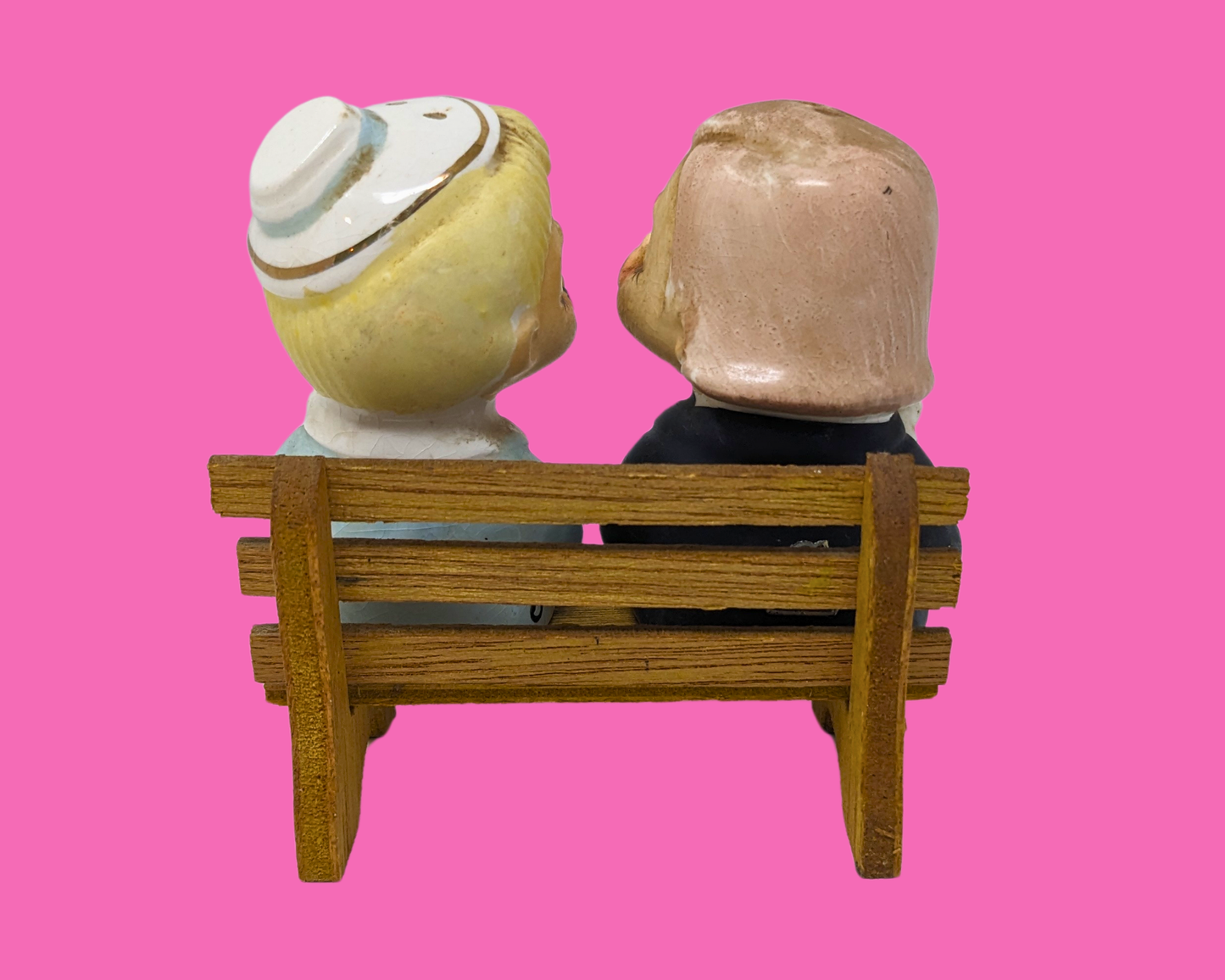 Vintage 1960's Japan Set of Salt and Pepper Shakers, Kissing Couple on a Bench