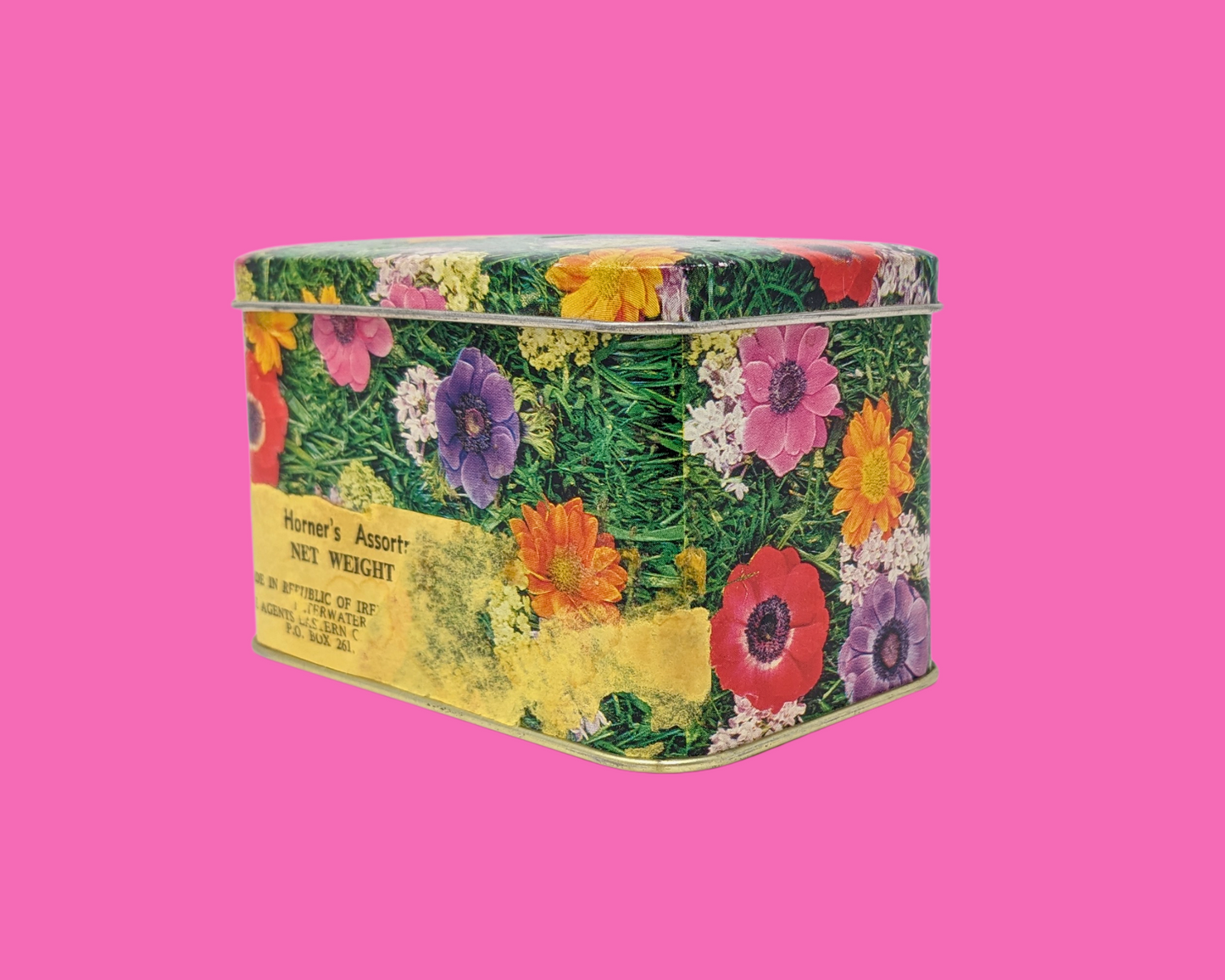Petite boîte en fer blanc florale vintage des années 1960, fabriquée en Irlande
