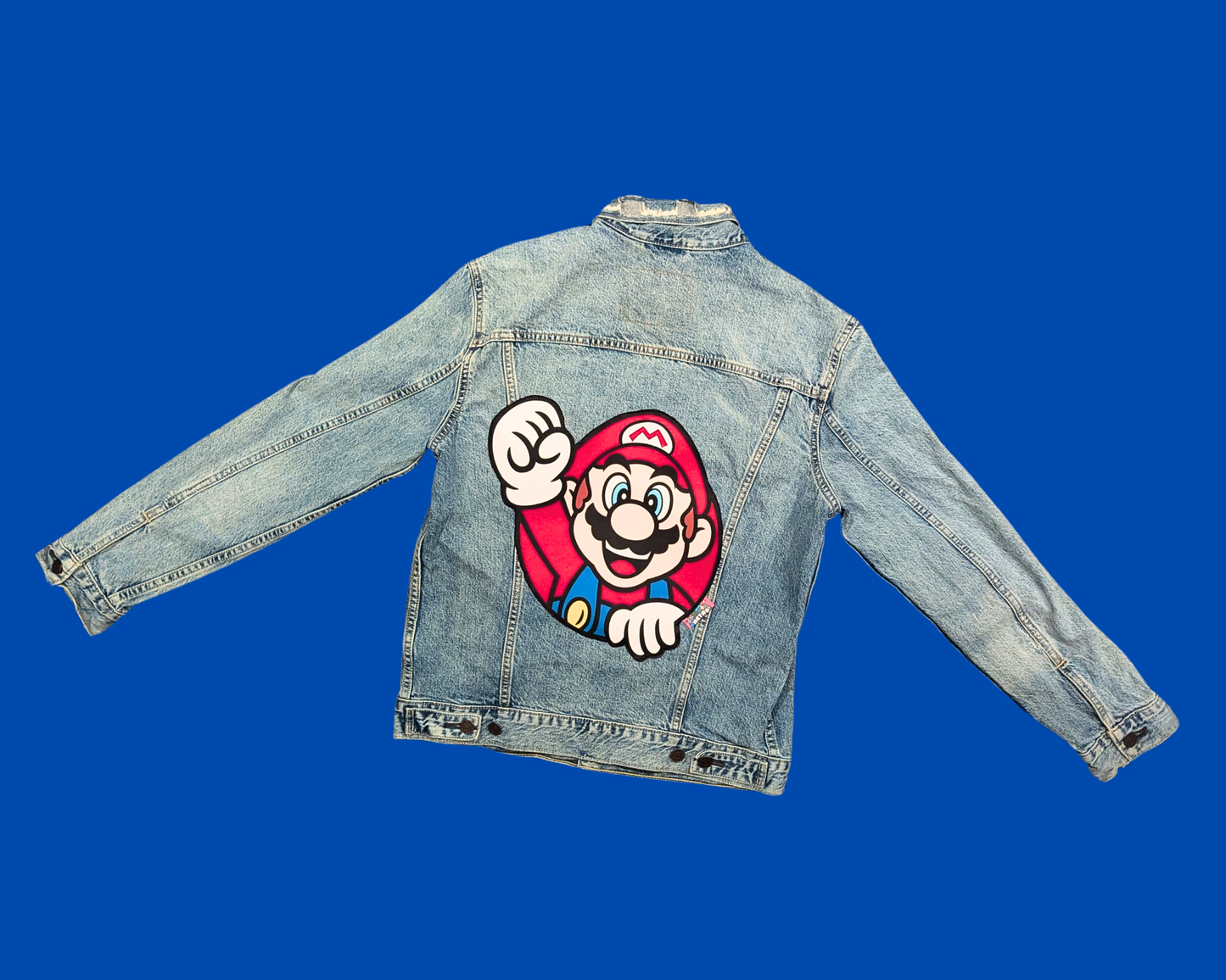 Handmade, Upcycled Denim Jacket with a Nintendo Super Mario Bros T-Shirt Size M for Men