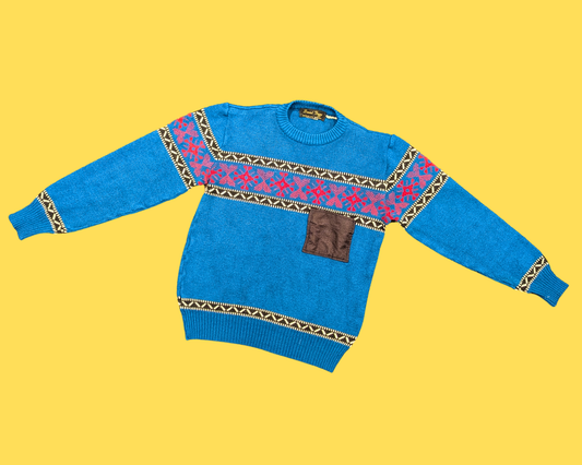 Pull en tricot bleu et rouge vintage des années 1990 par David Greg Taille S