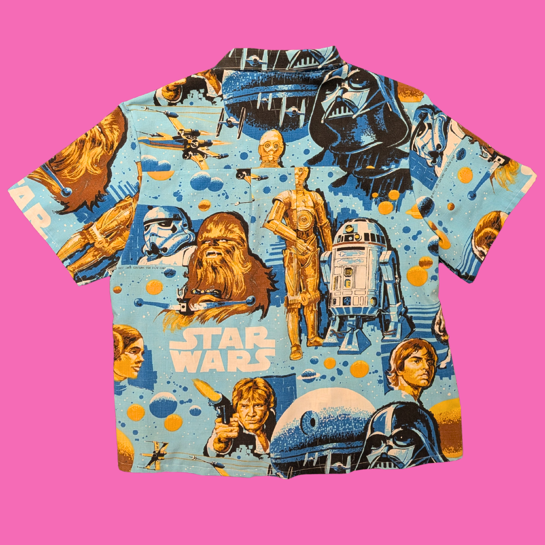 Handmade, Upcycled Vintage Star Wars Bed Sheet Short Sleeve Button Down T-Shirt L