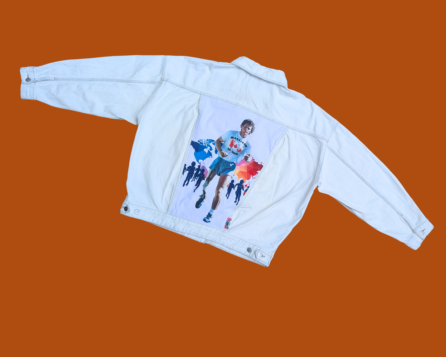 Handmade, Upcycled Terry Fox White Denim Jacket Size L