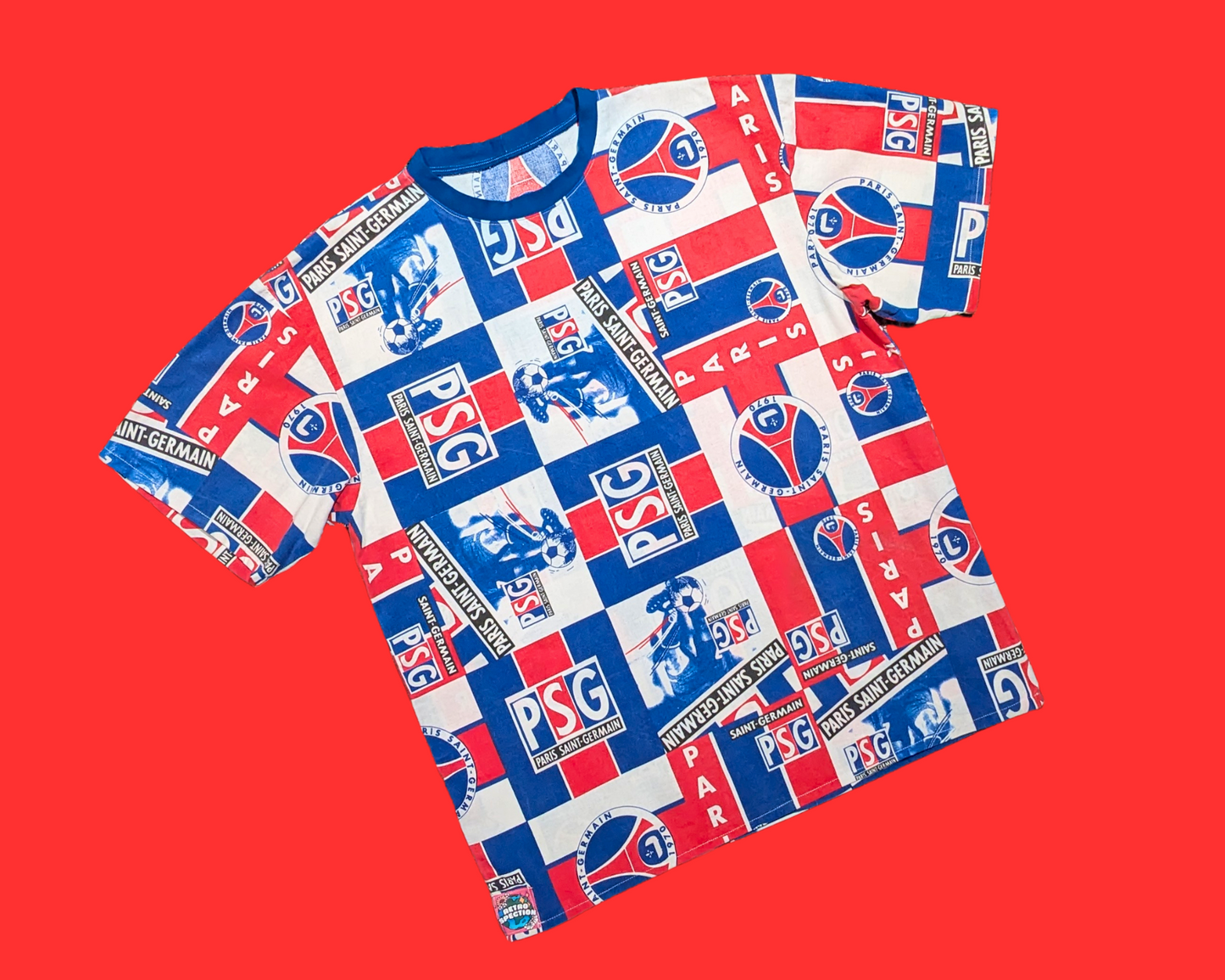 Handmade, Upcycled Vintage Paris Saint-Germain PSG Football Bedsheet T-Shirt Size M