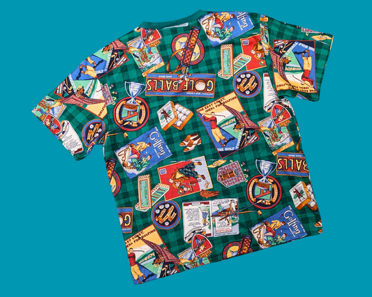 T-shirt vintage recyclé et fait main avec des rideaux de golf des années 1990, taille M