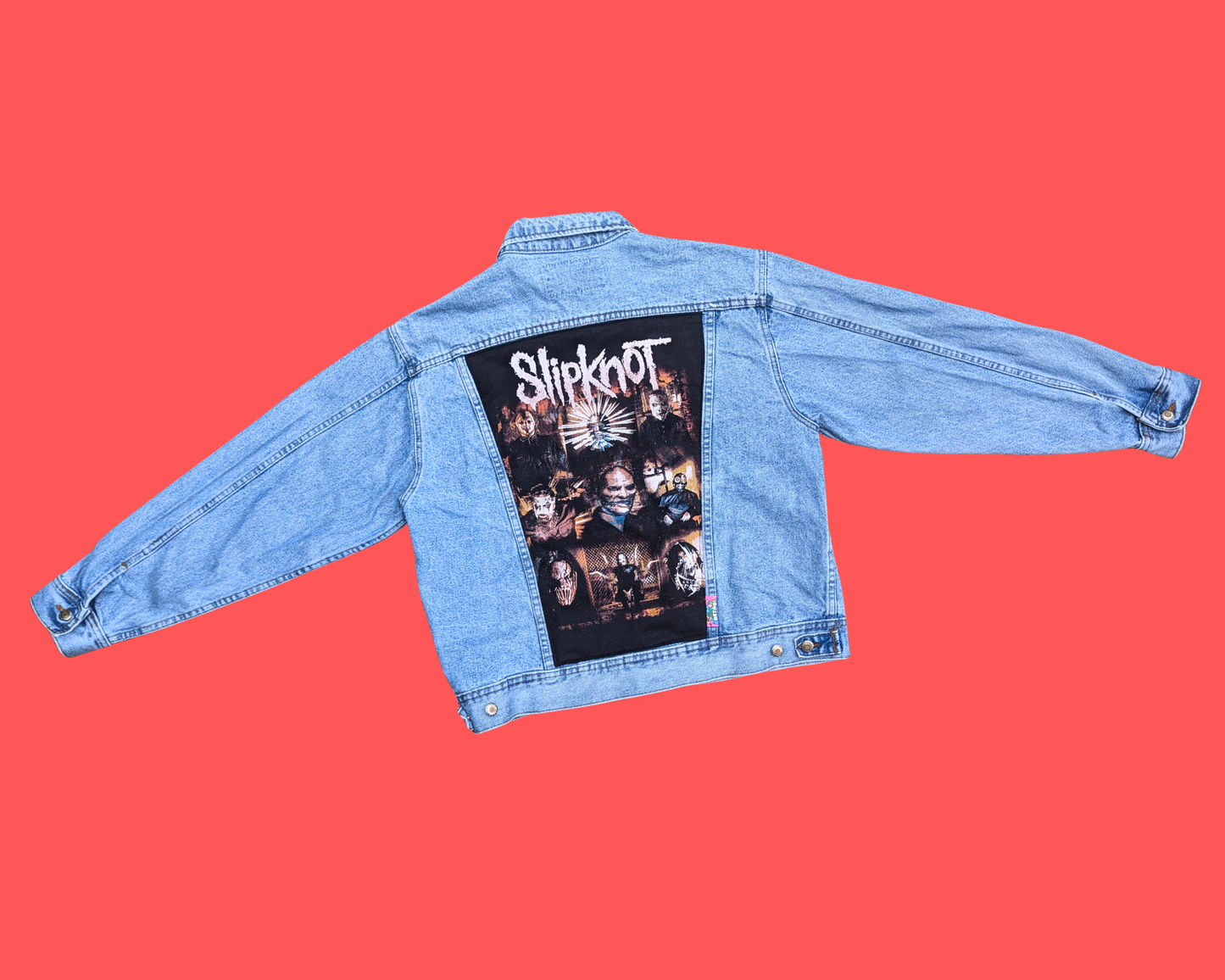 Veste en jean Slipknot faite à la main et recyclée, taille M