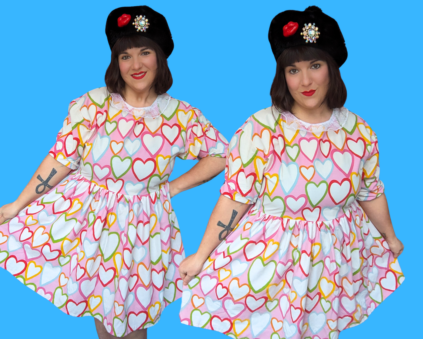 Handmade, Upcycled Vintage Rainbow Hearts Bedsheet T-Shirt Dress Fits S-M-L-XL
