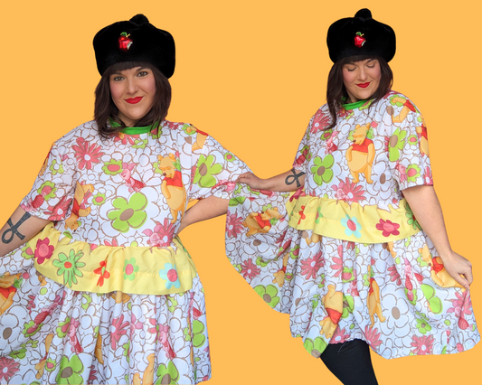 Robe t-shirt faite à la main et recyclée à l'effigie de Winnie l'ourson et Porcinet de Walt Disney, taille S à XL