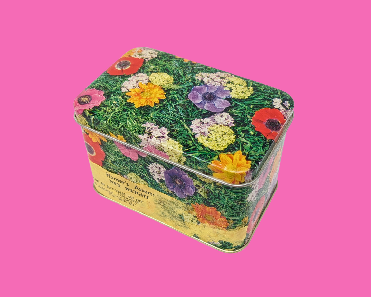 Petite boîte en fer blanc florale vintage des années 1960, fabriquée en Irlande