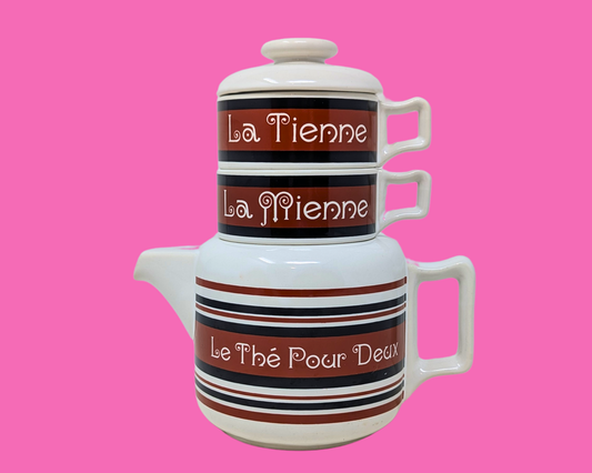 Service à thé vintage Gempo des années 1980 pour deux personnes, théière rétro marron à rayures françaises et 2 tasses