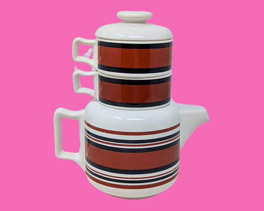 Service à thé vintage Gempo des années 1980 pour deux personnes, théière rétro marron à rayures françaises et 2 tasses