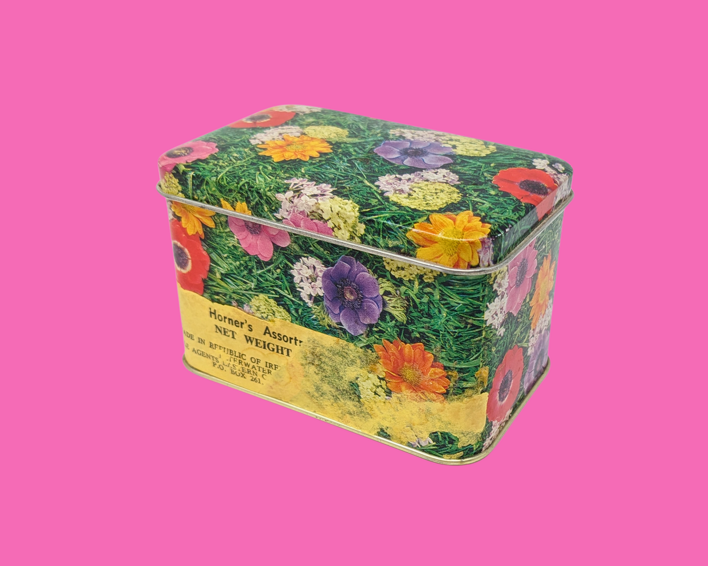 Petite boîte en fer blanc florale vintage des années 1960, fabriquée en Irlande