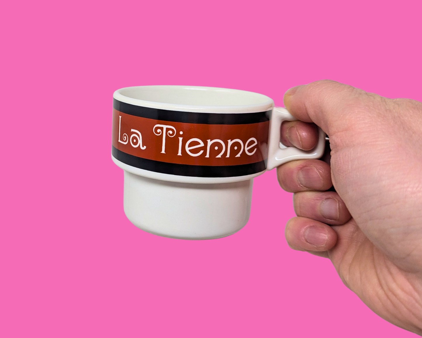 Service à thé vintage Gempo des années 1980 pour deux personnes, théière rétro marron à rayures françaises et 2 tasses