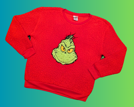 Pull rouge duveteux style Grinch des années 2000, taille M
