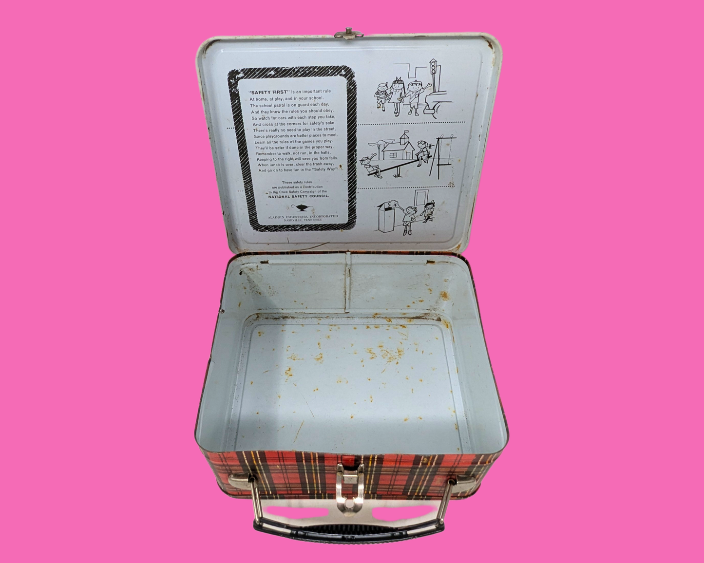 Boîte en fer blanc vintage à carreaux rouges des années 1970 par Aladdin Industries à Nashville, Tennessee