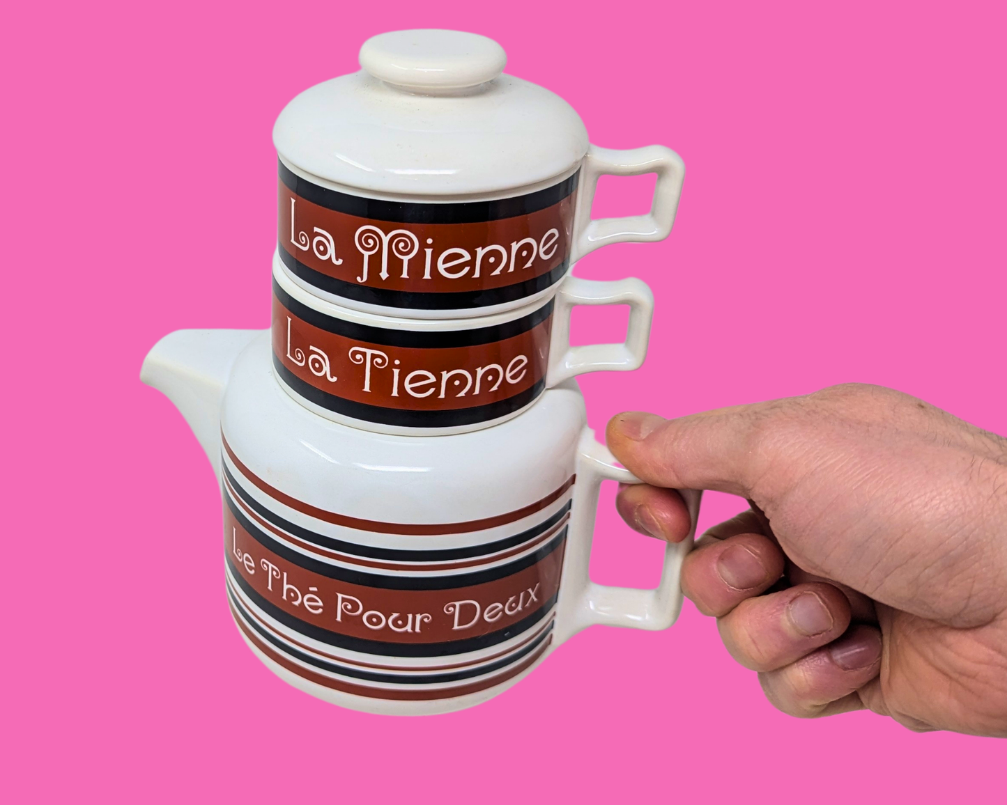 Service à thé vintage Gempo des années 1980 pour deux personnes, théière rétro marron à rayures françaises et 2 tasses
