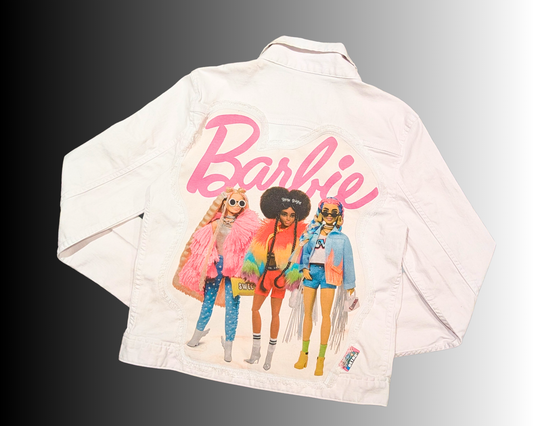 Handmade, Upcycled White, Barbie, Denim Jacket Size L