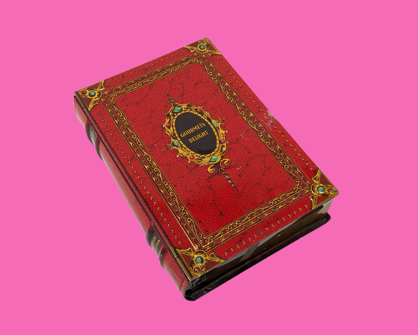 Boîte métallique rouge vintage Gourmets Delight des années 1970, en forme de livre