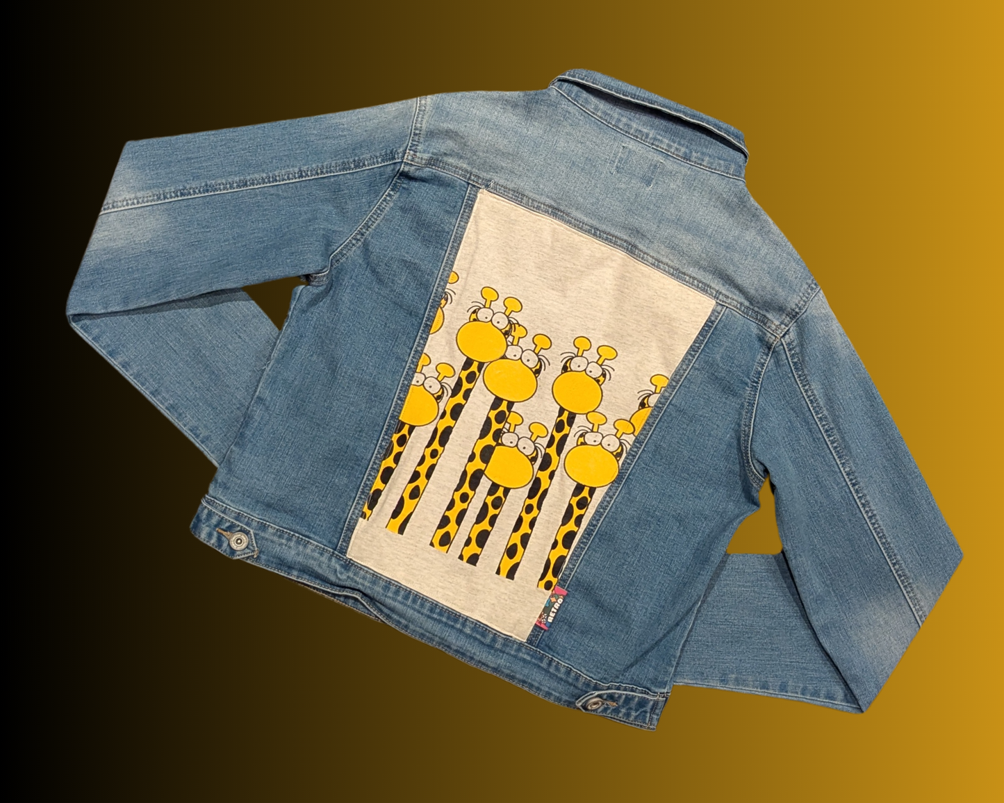 Handmade, Upcycled Funny Giraffe Print Denim Jacket Size XL