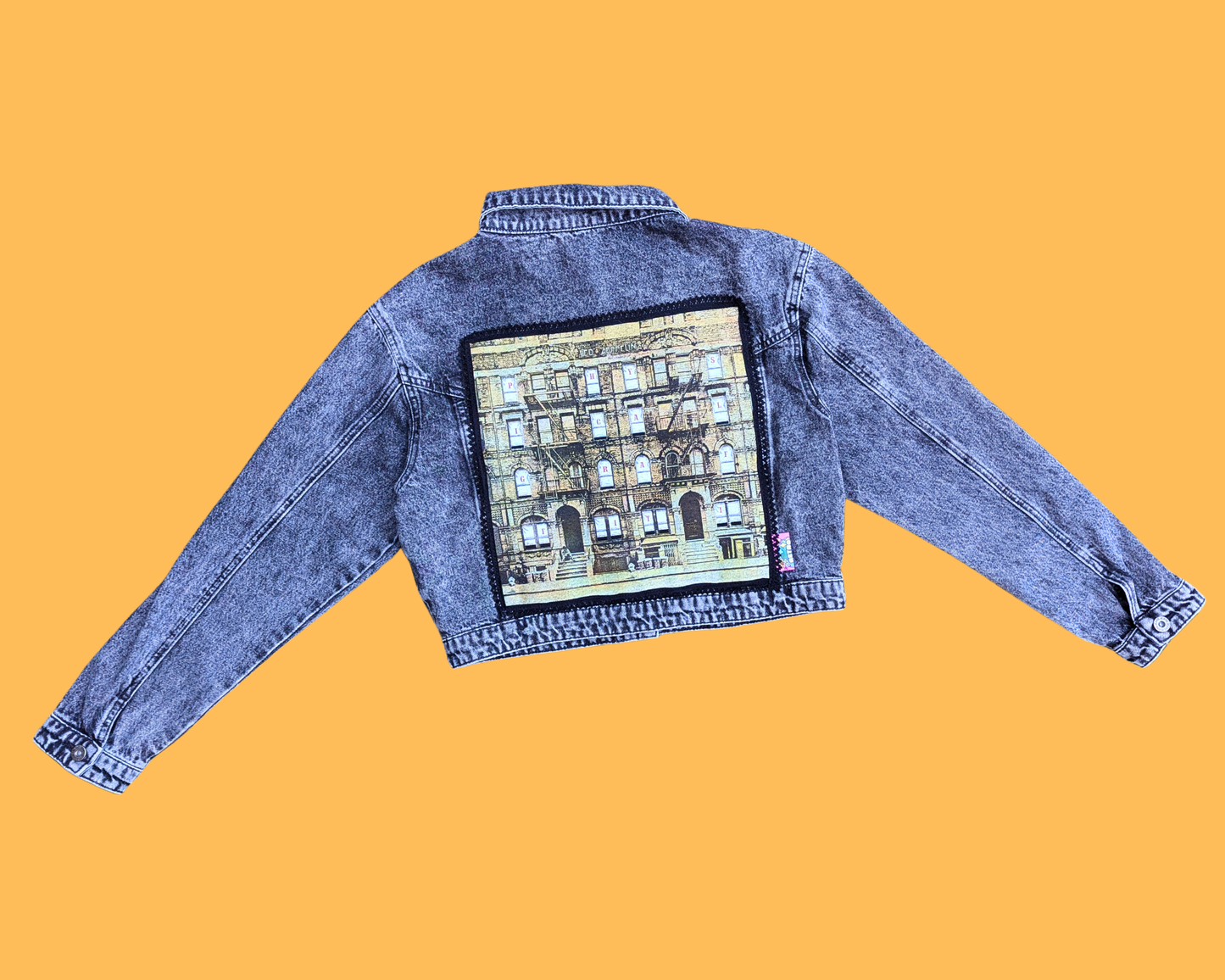 Veste en jean noir Led Zeppelin faite main et recyclée, taille S