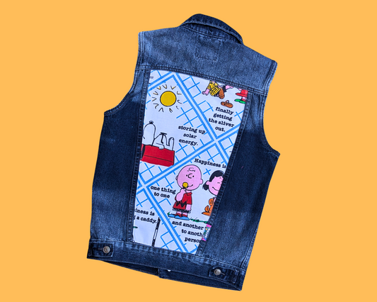 Veste en jean Snoopy Charlie Brown recyclée et faite à la main, taille S