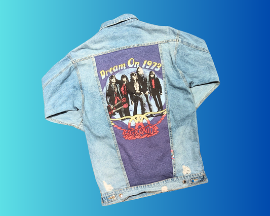 Handmade, Upcycled Aerosmith, Dream On 1973 Long Denim Jacket Size M