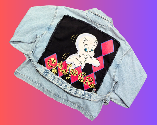 Veste en jean Casper le gentil fantôme 1995, faite à la main et recyclée, taille EU 38, M