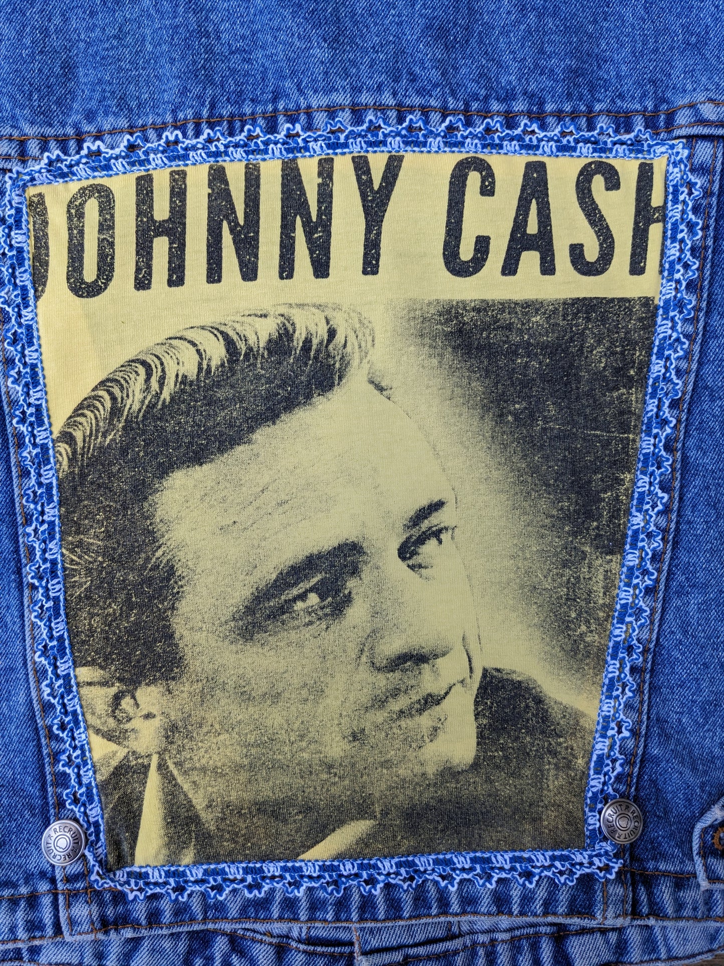 Handmade, Upcycled Cotton Denim Vest with Johnny Cash T-Shirt on the Back, Size L - Fits Like A Size M