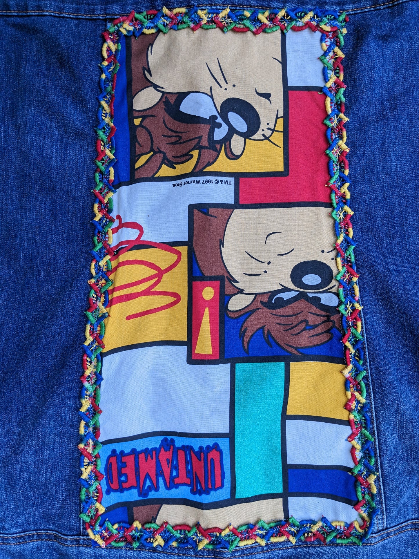 Handmade, Upcycled Cotton Denim Jacket with Looney Tunes Taz Bedsheet Fits Like A Size L-XL