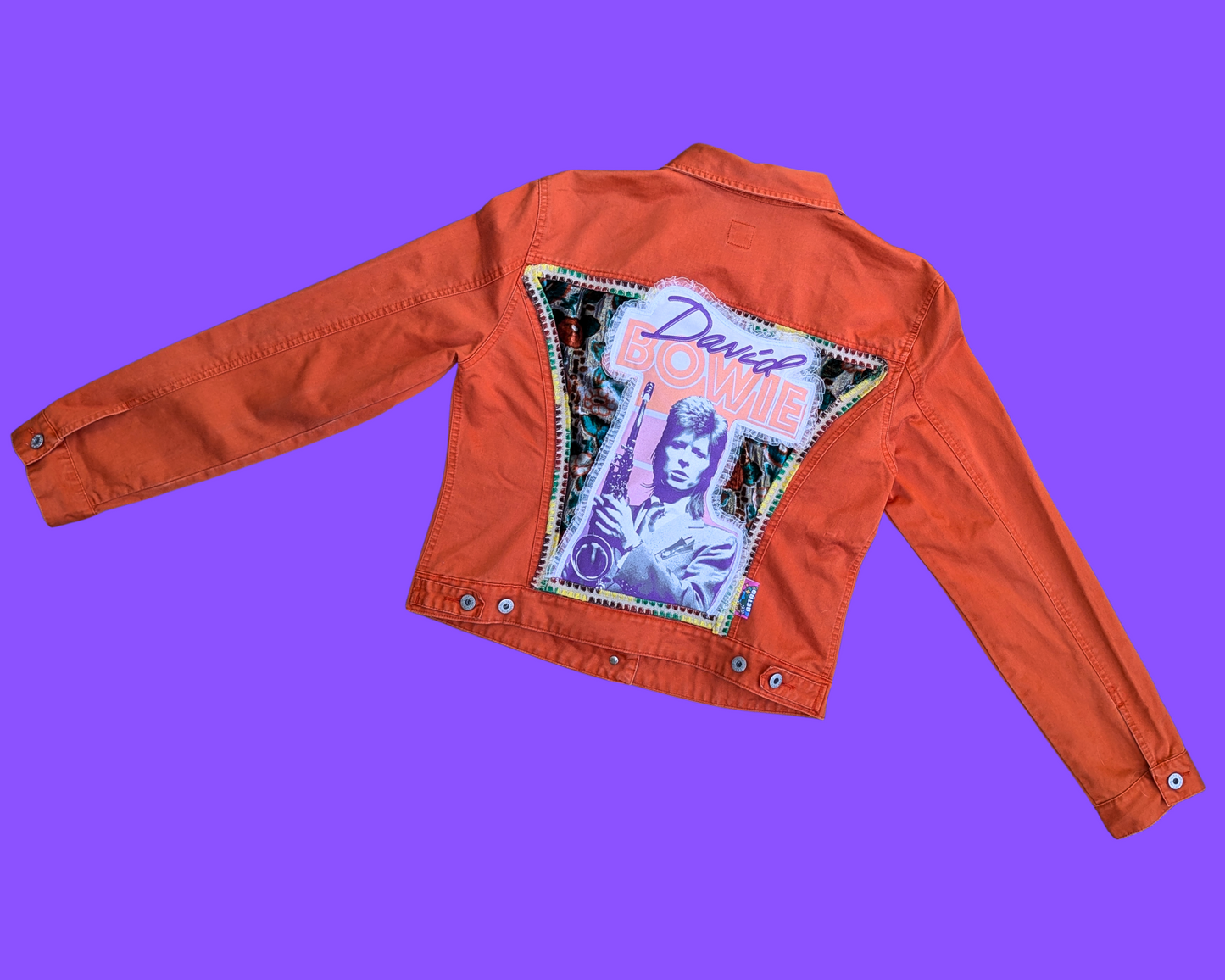 Handmade, Upcycled David Bowie Orange Denim Jacket Size L