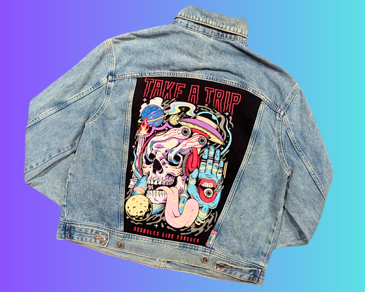Handmade, Upcycled Take a Trip, Assholes Live Forever Denim Jacket Size M