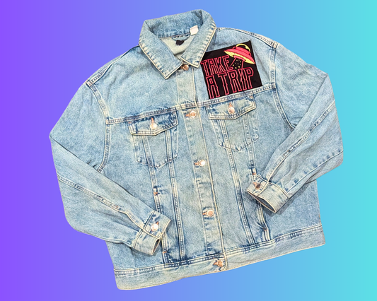 Handmade, Upcycled Take a Trip, Assholes Live Forever Denim Jacket Size M
