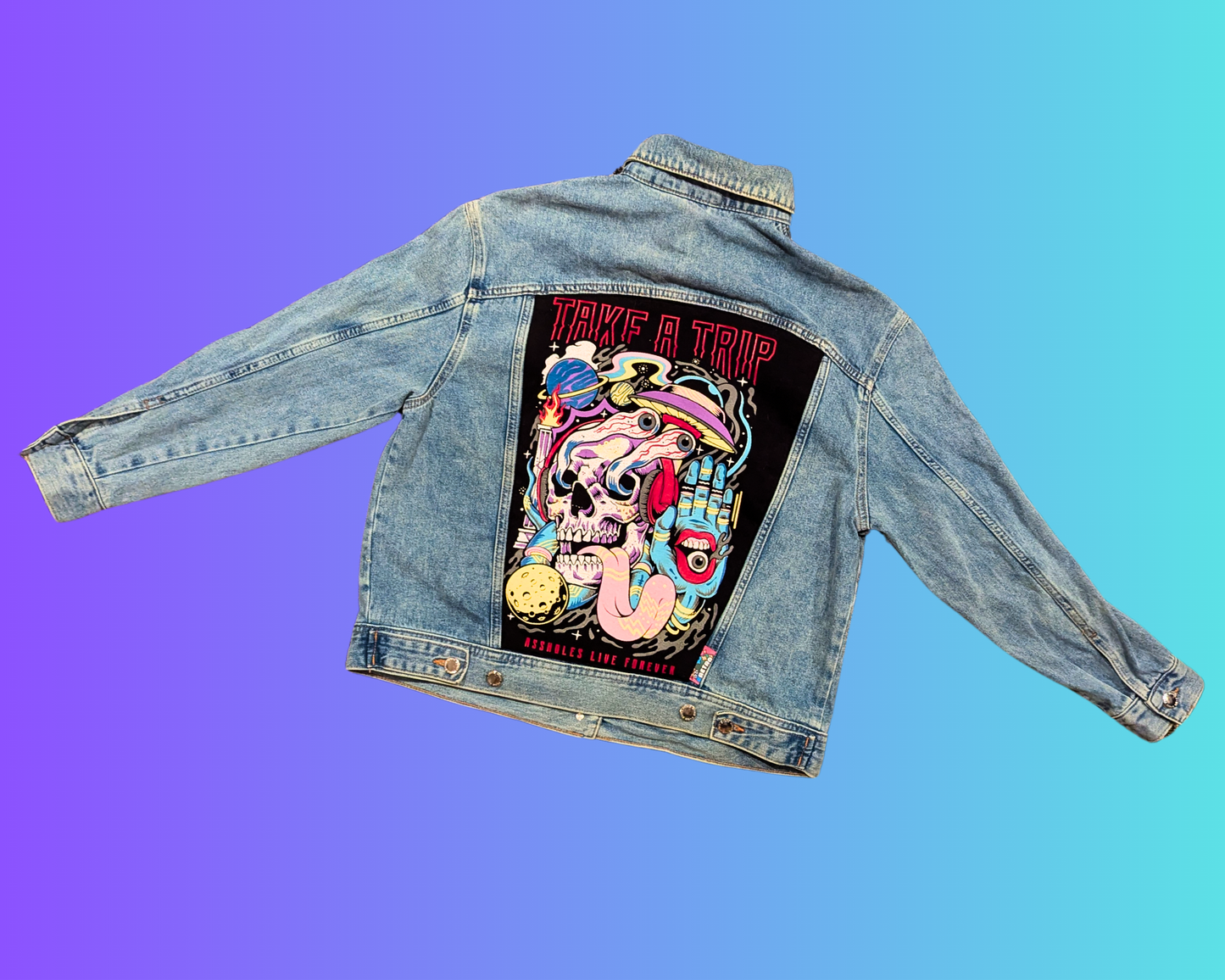 Handmade, Upcycled Take a Trip, Assholes Live Forever Denim Jacket Size M