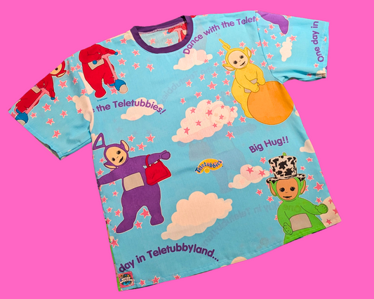 T-shirt drap de lit Teletubbies vintage des années 1990, fait main et recyclé, surdimensionné XL, ajusté 2XL