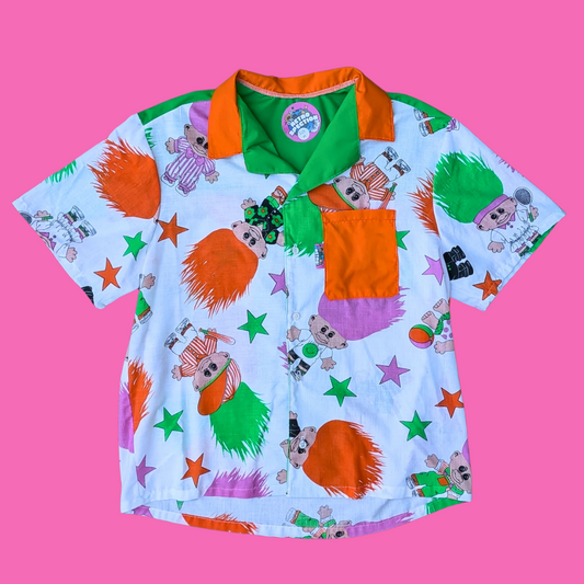 Handmade, Upcycled Trolls Bedsheet Button Down Shirt Size M