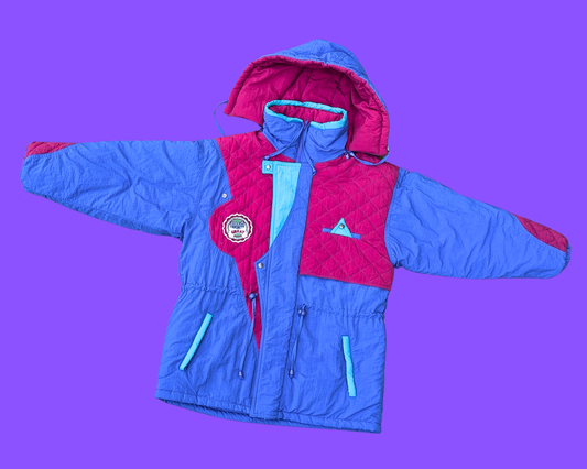 Veste d'hiver à capuche Klik Kids vintage des années 1990, funky, color block, taille 14