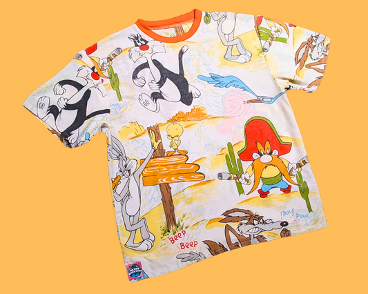 T-shirt vintage des années 1970, fait main et recyclé, motif drap de lit Looney Tunes, taille XS (taille M)