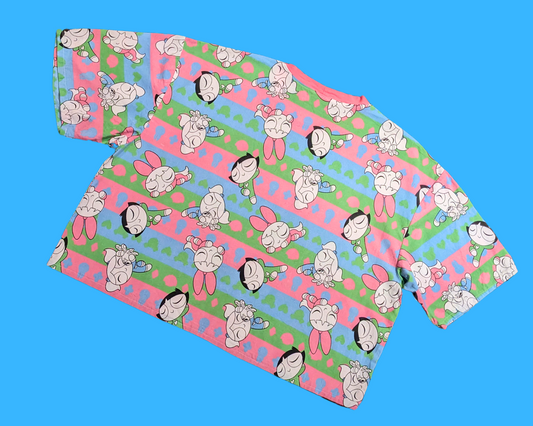 T-shirt drap de lit vintage des années 1990, fait main et recyclé, motif Les Super Nanas, taille XL, taille 2XL ajustée