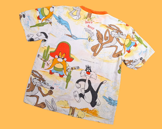 T-shirt vintage des années 1970, fait main et recyclé, motif drap de lit Looney Tunes, taille XS (taille M)