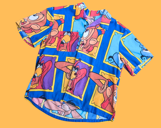 Chemise boutonnée à manches courtes en drap de lit vintage Aladdin fait main et recyclé L