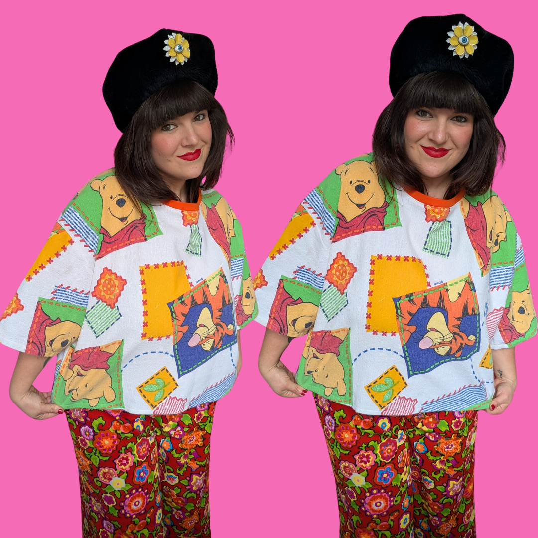 Handmade, Upcycled Walt Disney's Winnie The Pooh Flannel Bedsheet Crop Top Oversized XL, Fitted 2XL