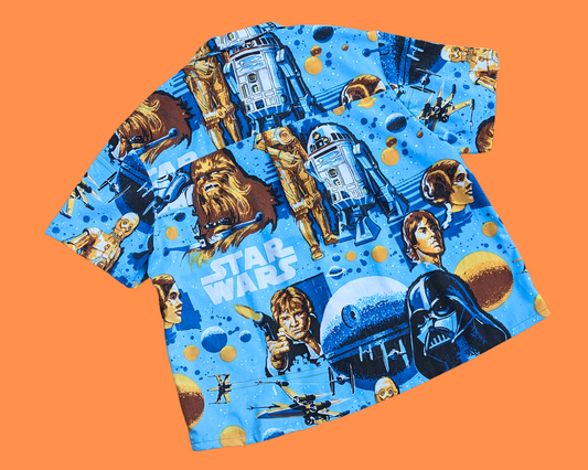 Chemise boutonnée à manches courtes, drap de lit Star Wars vintage 1977, fait main et recyclé, taille XL