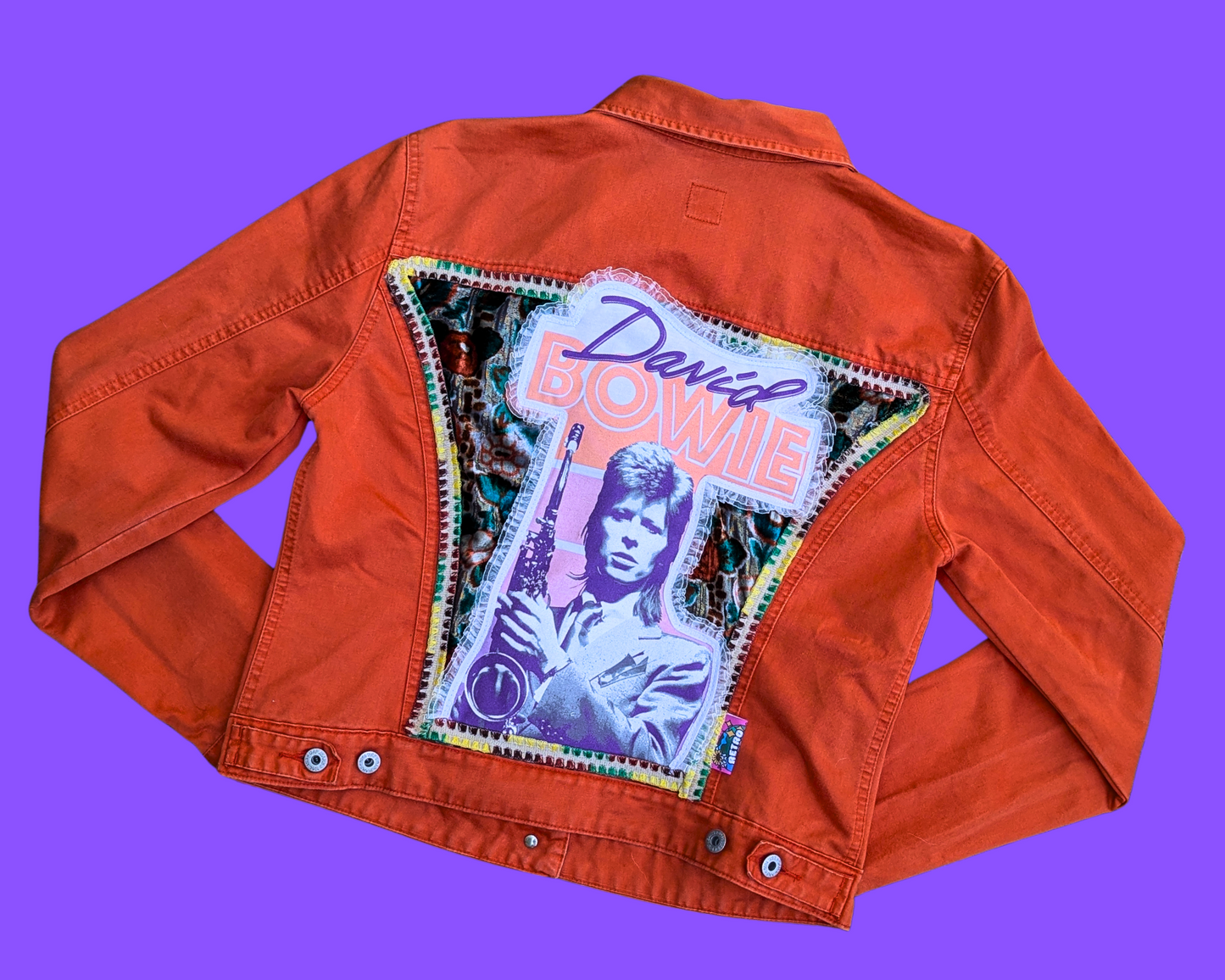 Handmade, Upcycled David Bowie Orange Denim Jacket Size L