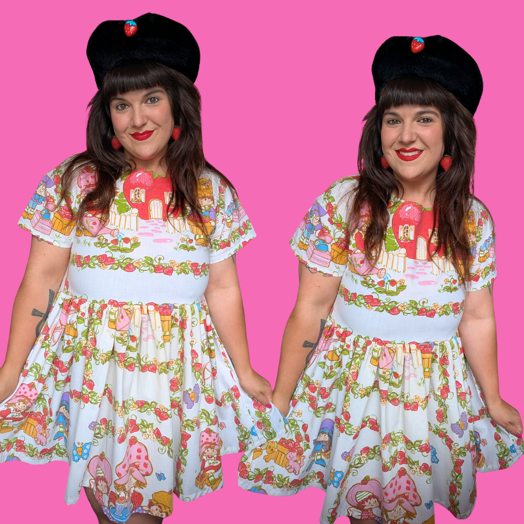 Handmade, Upcycled Strawberry Shortcake Bedsheet Dress Fits an Oversized S-M or Fitted L-XL
