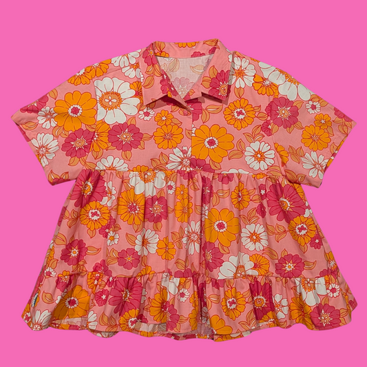 Handmade, Upcycled Vintage Pink and Orange Floral Bed Sheet Button Down Shirt Baby Doll Dress Size XL-2XL